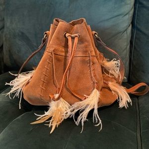 Patricia Nash Boho Suede Drawstring Bag with Feathers - Excellent Condition